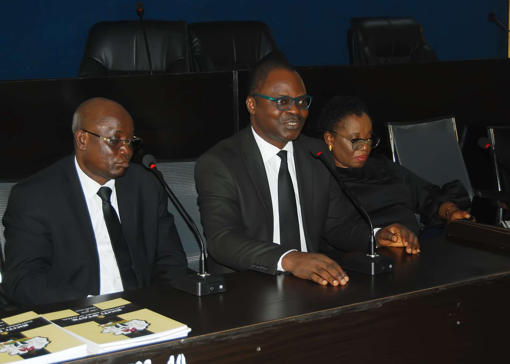 [L-R] - Cross Section of Hon. Justice L.B. Ojo, Hon. Justice R.A. Adegboye & The PCCA (Hon. Justice M.O. Abodunde) During The Courtsey Visit of ABUAD Law Students to EKCCA on 14th ‎May, ‎2024.
